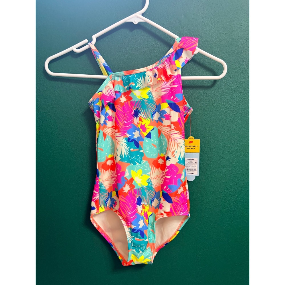 Cat & Jack Tropical Floral Ruffle 1pc Swim Bathing Suit Girls Small 6/7 NEW NWT